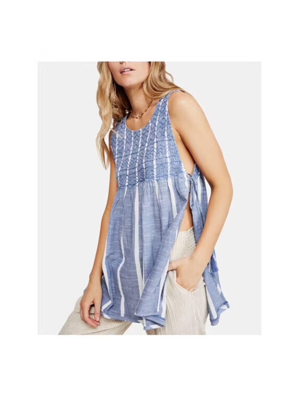 FREE PEOPLE Womens Blue Striped Sleeveless Jewel Neck Trapeze Top S Small